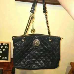 DKNY Donna Karan NY Quilted soft leather black zip top tote bag chain handles